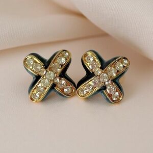 Elegant Gold and Black Crystal clip on Earrings vintage